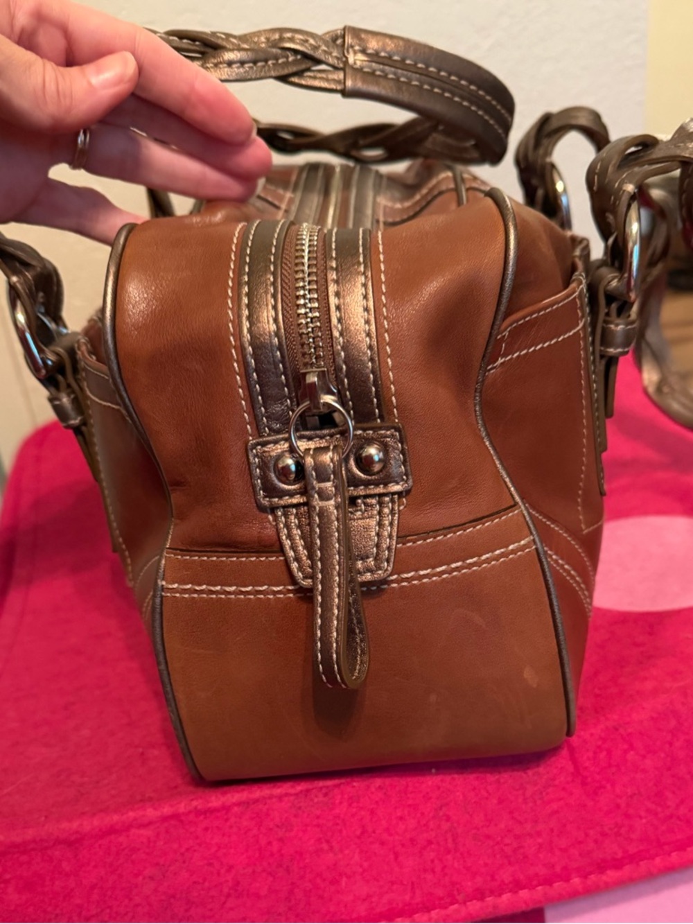 Coach Brown Leather Satchel with Braided Metallic Handles - Picture 5 of 12